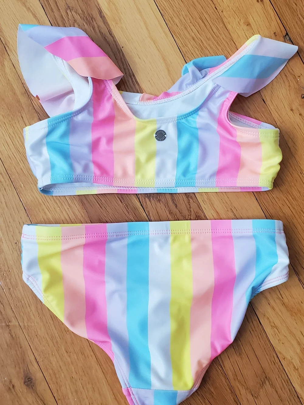 Justice Pastel Rainbow Stripe Ruffle Bikini - Pink, Blue, Yellow, White